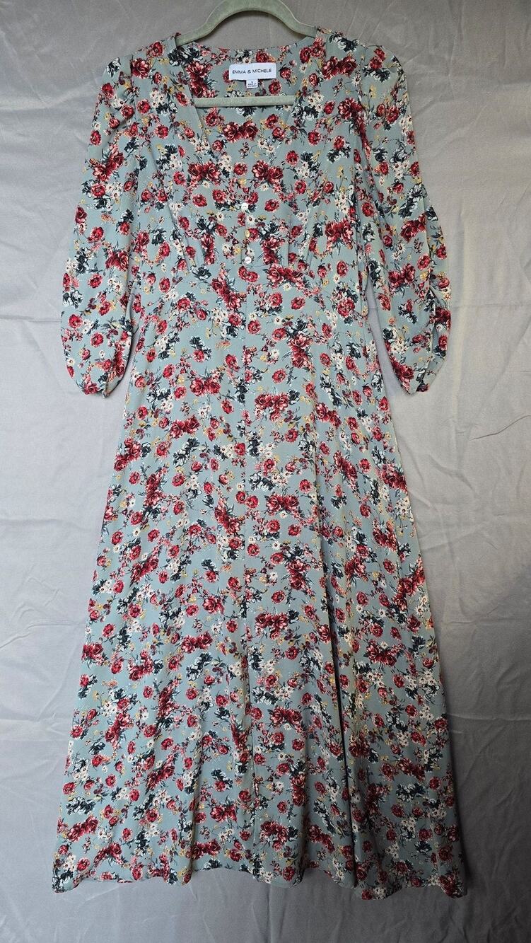 Emma & Michele Dress Womens S Blue Floral Flare V Neck Midi Puff Sleeve Smocked